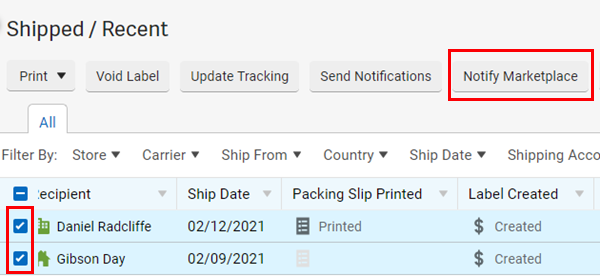 Two shipments selected from the Shipments tab with the Notify Marketplace button highlighted at the top of the grid.