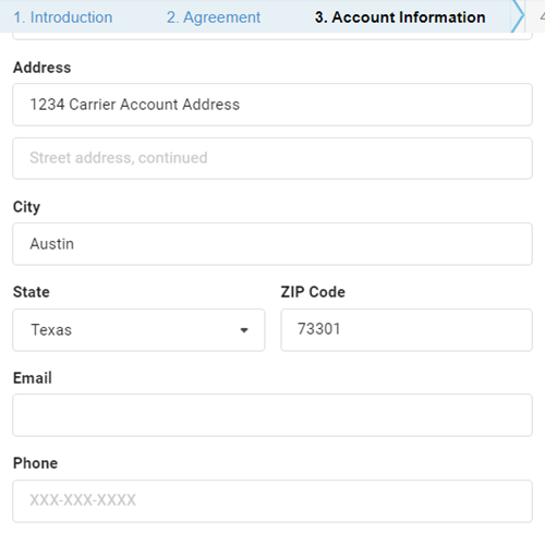 Carrier account address information is displayed, indicating to enter the address on file with the carrier account.