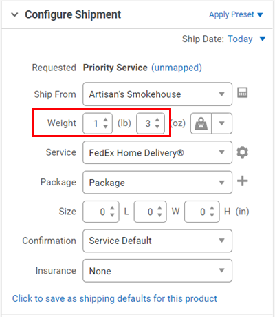 Weight fields in Configure Shipment widget set to 1 lb and 3 oz.