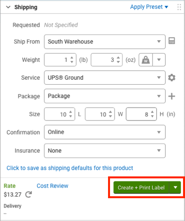 Shipping sidebar with Create + Print Label button highlighted.