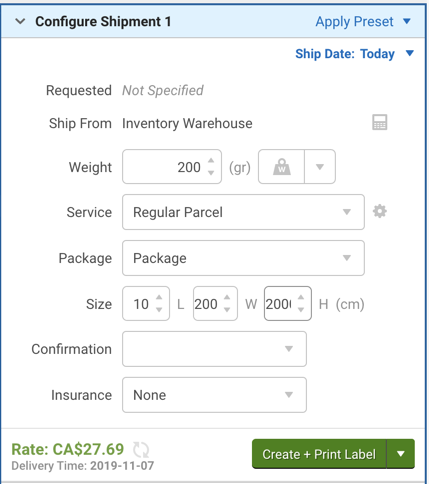 The Configure Shipment Widget with service options and a label rate
