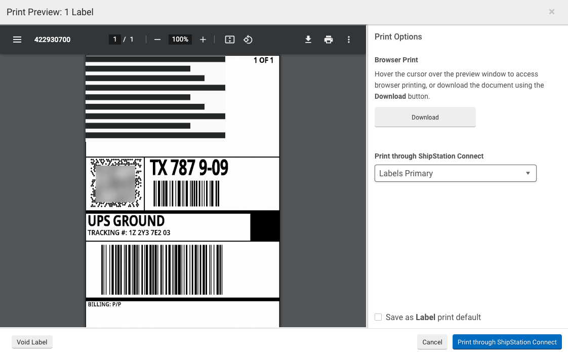 Fenêtre contextuelle d'impression d'étiquette avec image de PDF comme exemple.