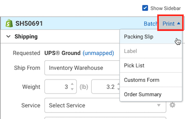 Orders tab shipping sidebar. A box highlights the Print menu with its dropdown options.
