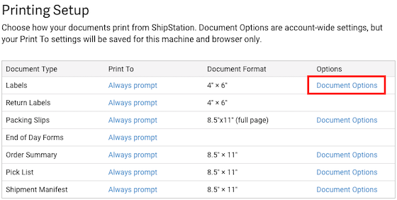 Page de configuration de l'impression affichant les options de document pour le type de document Étiquettes.