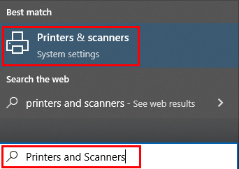 Paramètres des imprimantes et scanneurs ouverts à partir de la barre de recherche du bureau Windows.