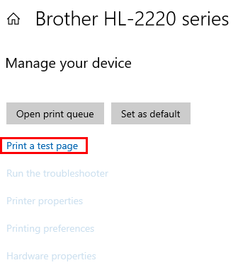 "Print a test page" link highlighted on "Manage your device" menu.