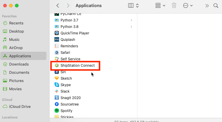 Dossier d'application MAC avec ShipStation Connect mis en surbrillance.