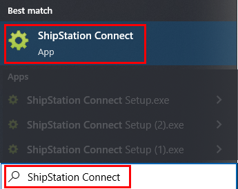 Application ShipStation Connect située dans la barre de recherche du bureau Windows. Cliquez sur la liste des résultats pour lancer.