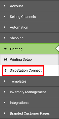 Paramètres de la barre latérale gauche. Dans le menu déroulant Impression, l'encadré rouge met en surbrillance l'option ShipStation Connect.
