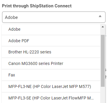 Ouvrez le menu déroulant « Imprimer via ShipStation Connect » des imprimantes disponibles.