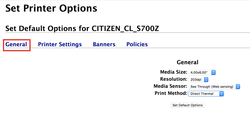General tab in CUPS Set Printer Options screen shows default settings for Citizen CL S700Z printer.