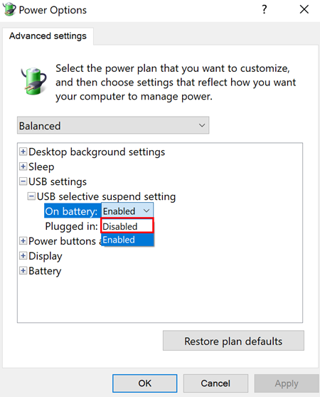 Les paramètres avancés des options d'alimentation de Windows s'ouvrent avec USB Sélectionnez Suspendre le réglage de la batterie défini sur Désactivé.