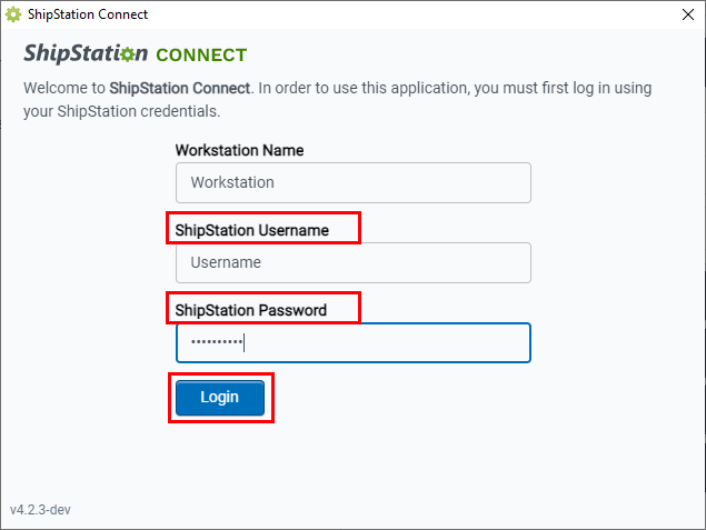 L'écran de connexion ShipStation Connect affiche les champs Nom d'utilisateur et Mot de passe mis en surbrillance.
