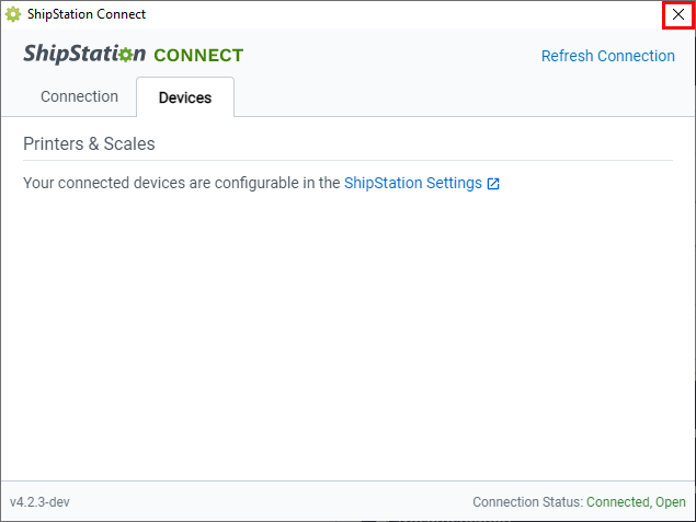 ShipStation Connect est ouvert avec le X pour fermer l'application mis en surbrillance.