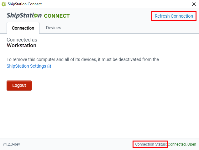 Le lien d’actualisation de la connexion est mis en surbrillance dans l’application ShipStation Connect. L'indicateur d'état de la connexion est également mis en surbrillance.
