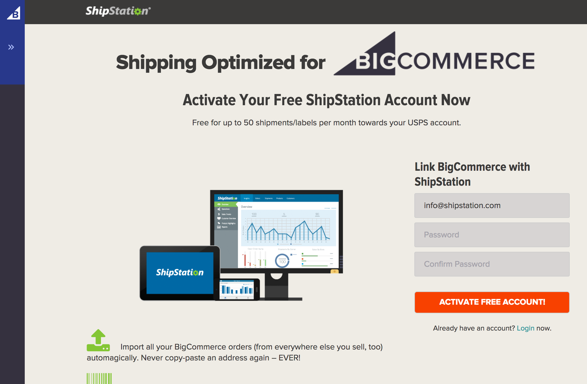 Menu contextuel de connexion à l'application ShipStation de BigCommerce.