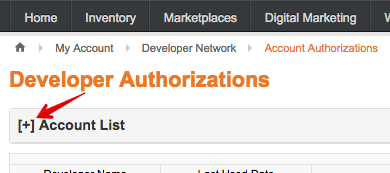 Les paramètres Autorisations de compte ChannelAdvisor s'ouvrent avec flèche pointant vers le menu Listes de comptes.
