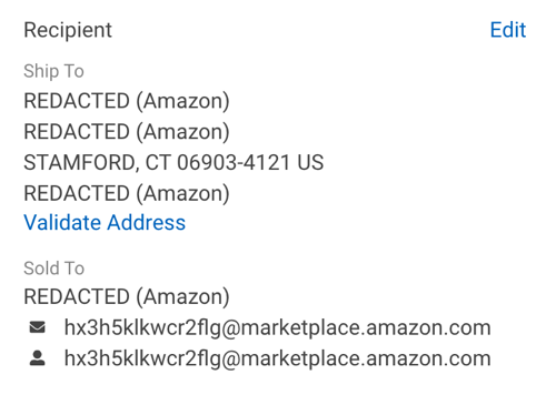 Section Destinataire des détails de la commande avec les informations du client Amazon caviardées