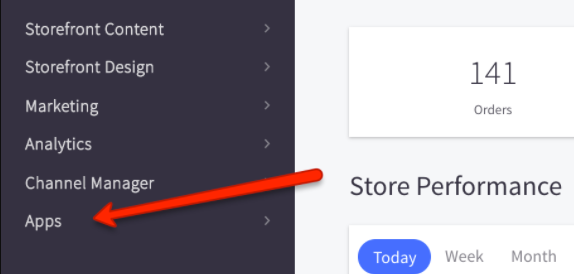 BigCommerce menu with arrow pointing to Apps option.