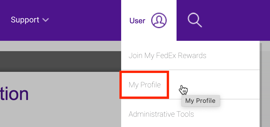 Page d'accueil FedEx avec le menu Utilisateur ouvert et Mon profil sélectionné