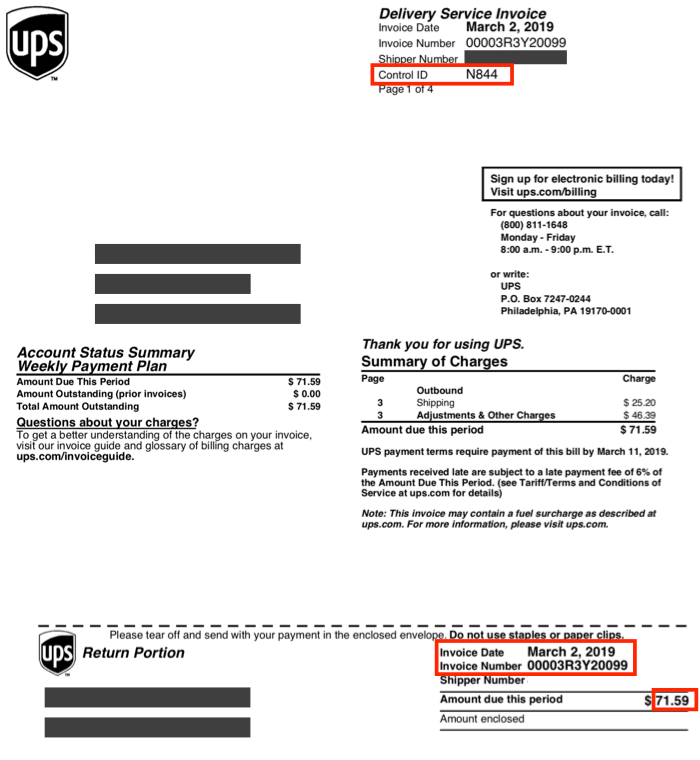 Exemple de facture UPS avec le numéro d’identification de contrôle, la date de la facture, le numéro de facture et le montant dû mis en surbrillance.