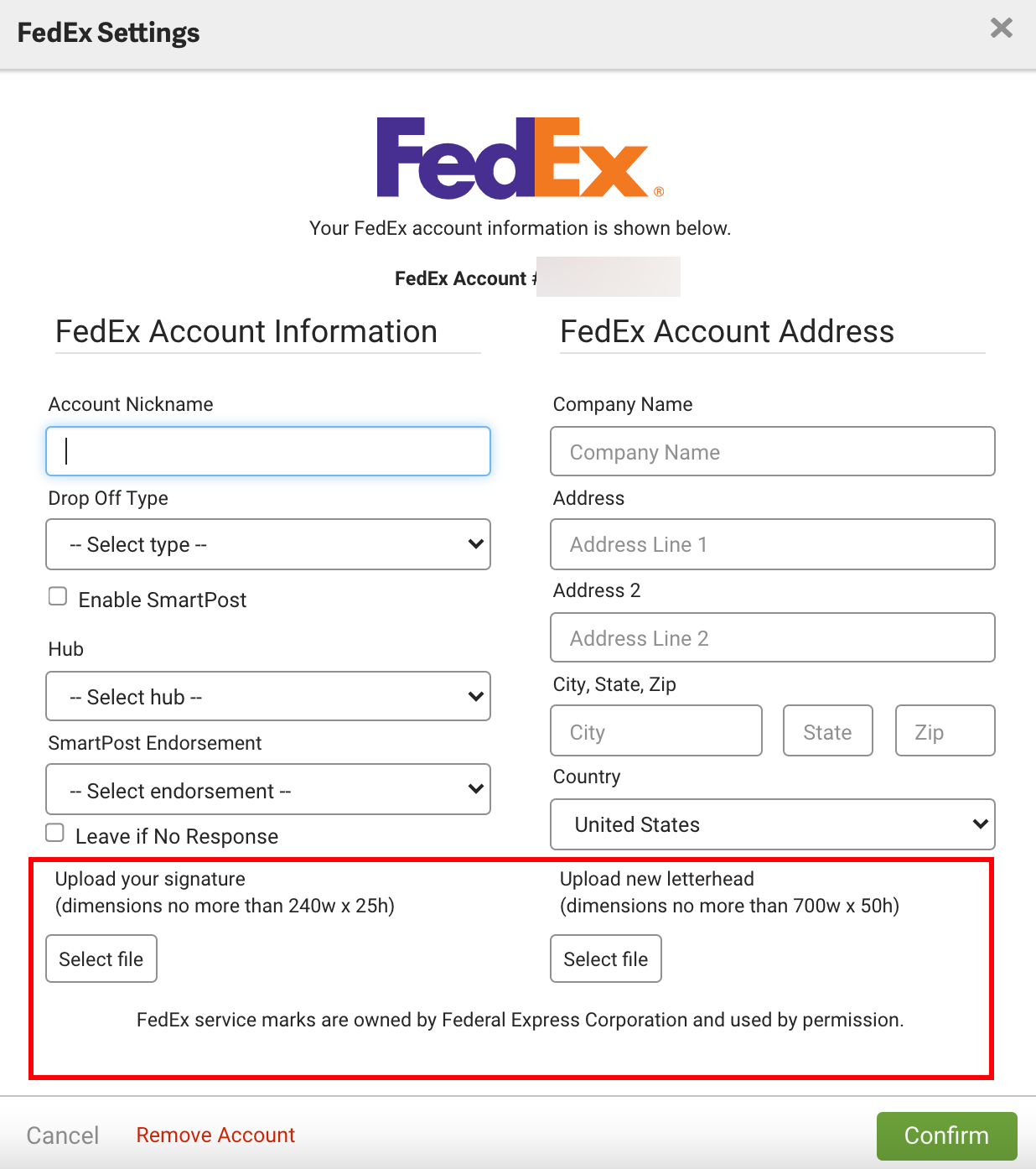 Fenêtre contextuelle des paramètres FedEx avec les sections Téléverser la signature et Téléverser l'entête en surbrillance.