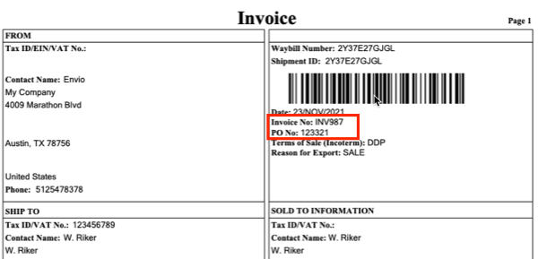 Sample UPS Commercial Invoice with "Invoice No" and "PO No" fields highlighted in red box.