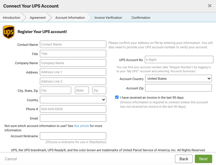 Closeup of the form to Connect a UPS account.
