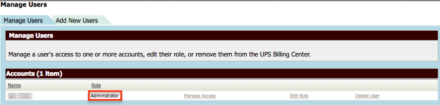Menu Gérer les utilisateurs UPS avec le rôle Administrateur en surbrillance.