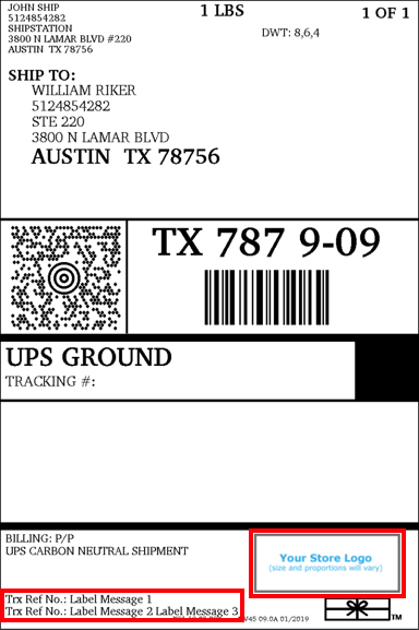 Étiquette UPS avec logo et emplacements de messages en surbrillance.