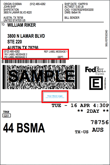 Exemple d'étiquette FedEx Le logo et la zone de message sont mis en évidence.