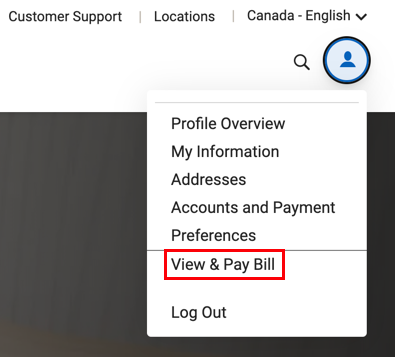 UPS Profile menu with View & Pay Bill item highlighted.