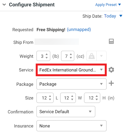V3 Détails de la commande indiquant la section Configurer l'expédition. Sous service, FedEx International Ground est sélectionné.