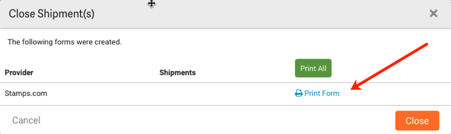 Close Shipment menu with arrow pointing to Print Form link.