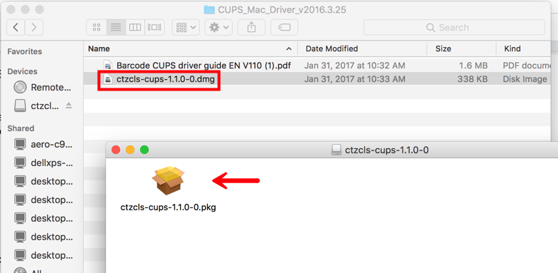 Le dossier du pilote CUPS Mac est ouvert. Fichier zippé ouvert avec une flèche rouge pointant vers l'icône de boîte ouverte pour décompresser le fichier.