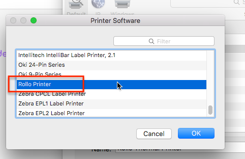 Mac System Preference Printer Software menu open with Rollo printer selected.