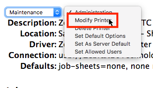 CUP Maintenance menu with Modify Printer option highlighted.