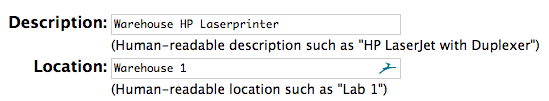 Modifier les paramètres de l'imprimante de CUPS avec les champs de description et d'emplacement remplis.