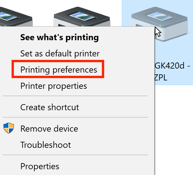 Le menu affiché lorsque vous cliquez avec le bouton droit de l'imprimante Zebra ouvert avec l'option Préférences d'impression mise en évidence.