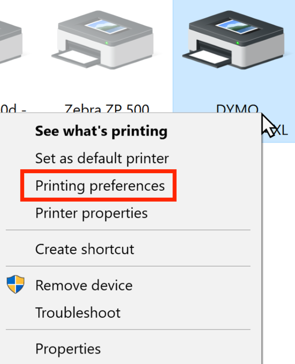 Le menu affiché lorsque vous cliquez avec le bouton droit de l'imprimante DYMO avec l'option Préférences d'impression mise en surbrillance.