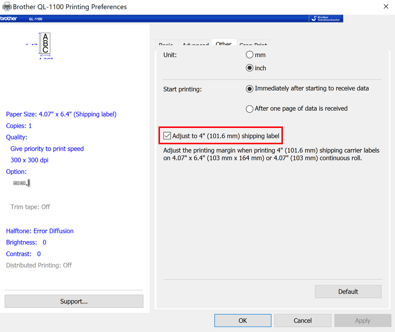 Windows Printing Preferences Other tab open, with "Adjust to 4 inch shipping label" option checked.