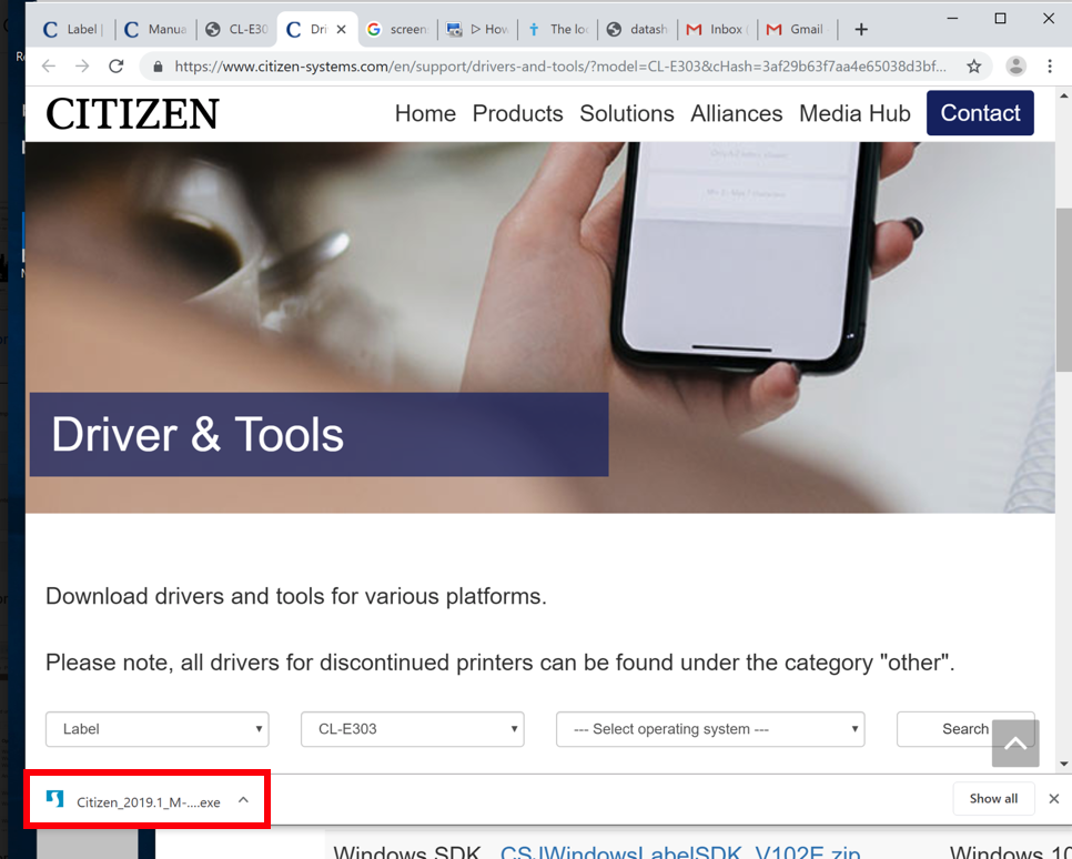 Citizen website open in Google Chrome browser with E303Z driver downloading for Windows.