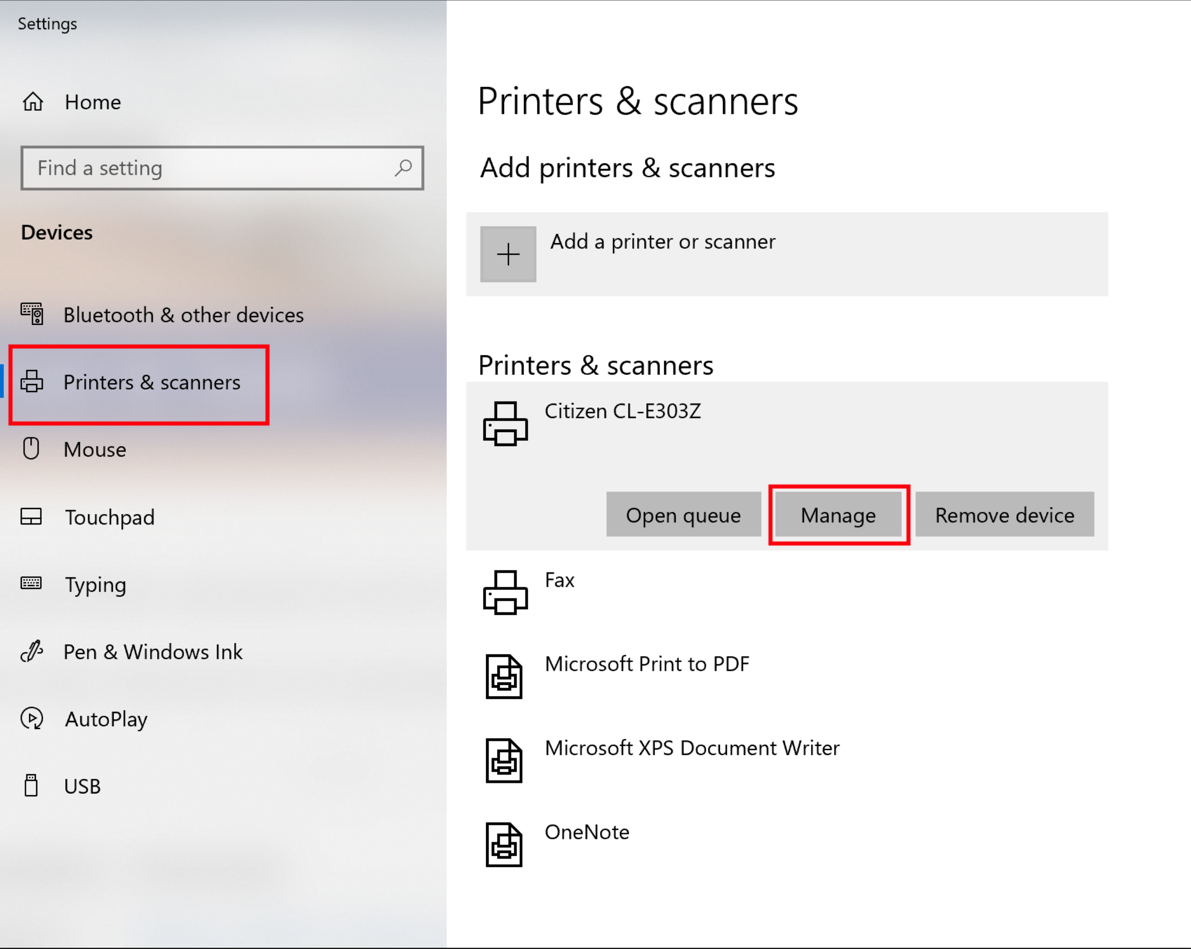 Le menu Imprimantes et scanneurs de Windows ouvert à partir des Paramètres avec le bouton Gérer mis en surbrillance sous l'imprimante Citizen connectée.