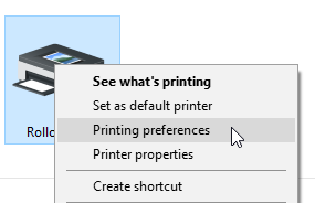 Le menu affiché lorsque vous cliquez avec le bouton droit de l'imprimante Rollo avec le curseur placé sur l'option Préférences d'impression.