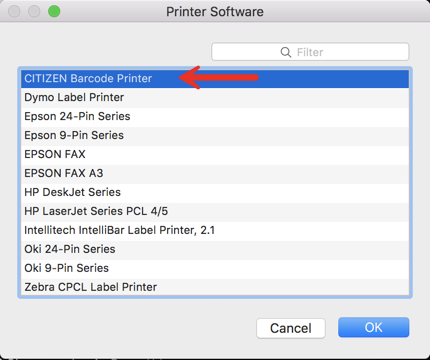 Le menu des préférences de système Mac du logiciel d'impression est ouvert avec l'imprimante Citizen sélectionnée.