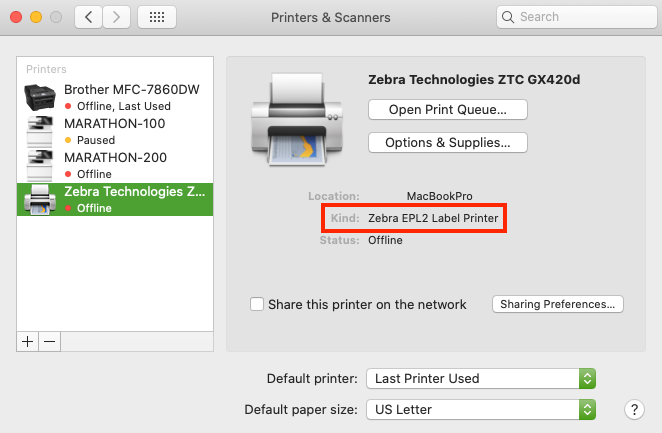 Imprimante Zebra sélectionnée dans la fenêtre Imprimantes et scanneurs Mac. Champ « Type » mis en surbrillance.