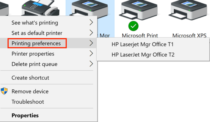 Cliquez avec le bouton droit sur l'imprimante pour ouvrir le menu des paramètres. Passez le curseur sur Préférences d'impression pour afficher les options du plateau de l'imprimante.