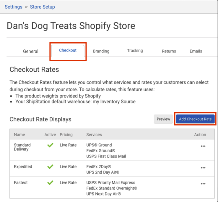 Checkout tab. No options added yet. Red box highlights the Add Checkout Rate button.
