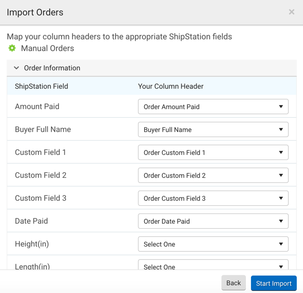 Import Orders pop-up. ShowsShipStation fields on left and CSV Field dropdown menus on right.