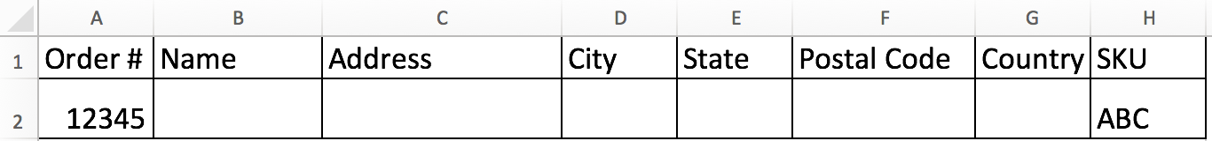 Un fichier CSV de commande dans Excel avec les informations de la commande remplies pour les colonnes Numéro de commande et UGS.
